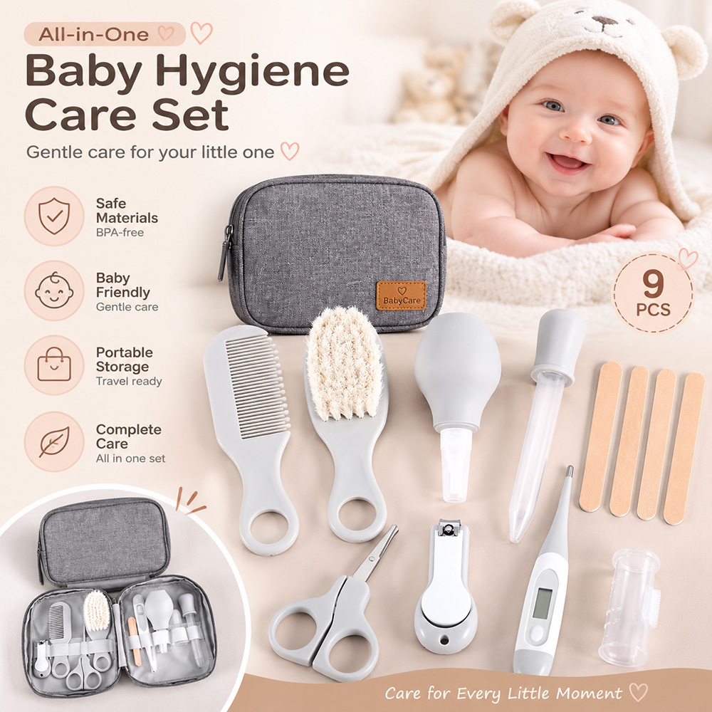 Baby Products Kit Set - Babyverzorgingsset 9-delig, inclusief nagelknipper, haarborstel, kam,